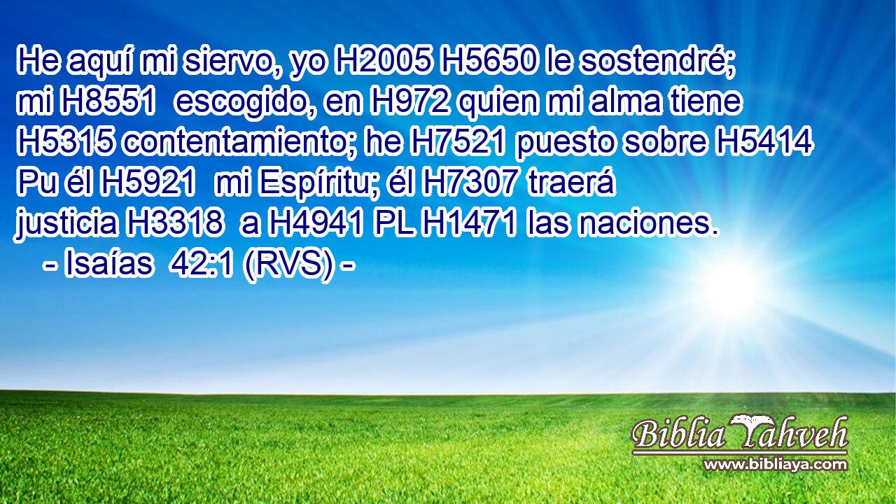 He aquí mi siervo, yo H2005 H5650 le sostendré; mi H8551  escogido, en H972 quien mi alma tiene H5315 contentamiento; he H7521 puesto sobre H5414 Pu él H5921  mi Espíritu; él H7307 traerá justicia H3318  a H4941 PL H1471 las naciones. 