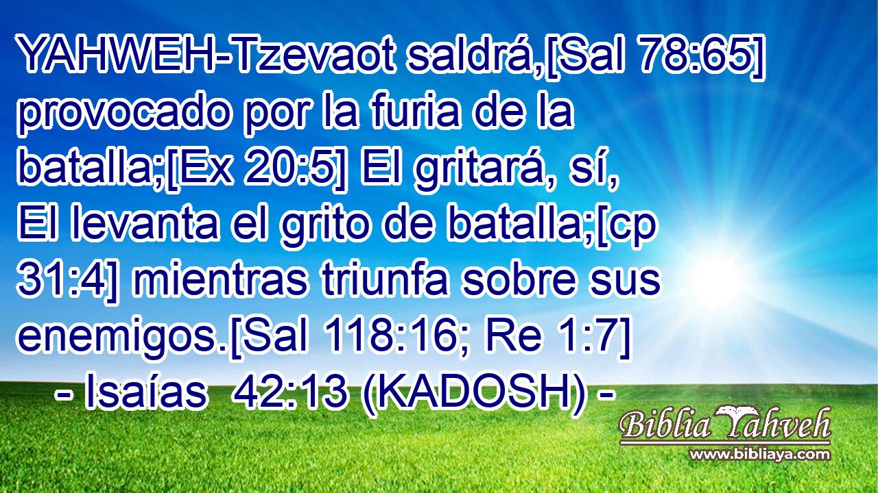  YAHWEH-Tzevaot saldrá,[Sal 78:65] provocado por la furia de la batalla;[Ex 20:5] El gritará, sí, El levanta el grito de batalla;[cp 31:4] mientras triunfa sobre sus enemigos.[Sal 118:16; Re 1:7] 