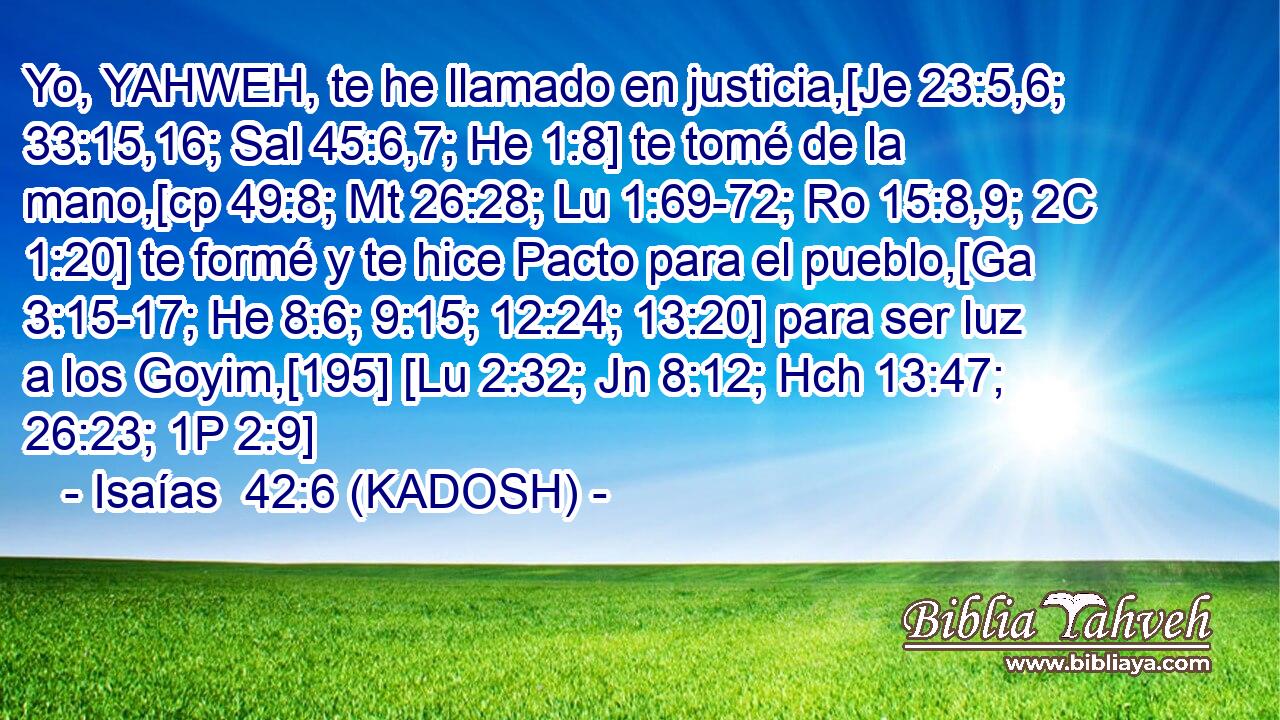  Yo, YAHWEH, te he llamado en justicia,[Je 23:5,6; 33:15,16; Sal 45:6,7; He 1:8] te tomé de la mano,[cp 49:8; Mt 26:28; Lu 1:69-72; Ro 15:8,9; 2C 1:20] te formé y te hice Pacto para el pueblo,[Ga 3:15-17; He 8:6; 9:15; 12:24; 13:20] para ser luz a los Goyim,[195] [Lu 2:32; Jn 8:12; Hch 13:47; 26:23; 1P 2:9] 