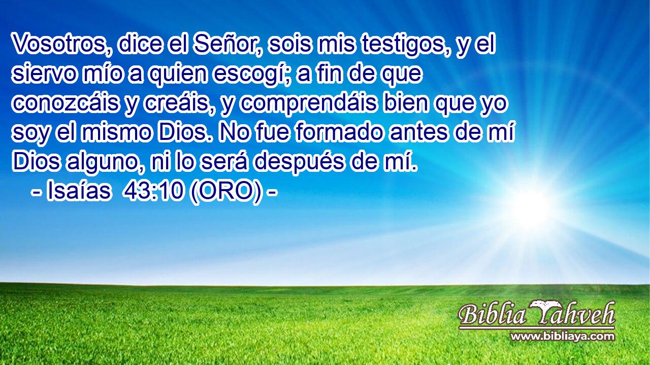  Vosotros, dice el Señor, sois mis testigos, y el siervo mío a quien escogí; a fin de que conozcáis y creáis, y comprendáis bien que yo soy el mismo Dios. No fue formado antes de mí Dios alguno, ni lo será después de mí. 