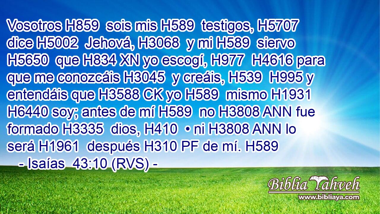 Vosotros H859  sois mis H589  testigos, H5707  dice H5002  Jehová, H3068  y mi H589  siervo H5650  que H834 XN yo escogí, H977  H4616 para que me conozcáis H3045  y creáis, H539  H995 y entendáis que H3588 CK yo H589  mismo H1931  H6440 soy; antes de mí H589  no H3808 ANN fue formado H3335  dios, H410  • ni H3808 ANN lo será H1961  después H310 PF de mí. H589  