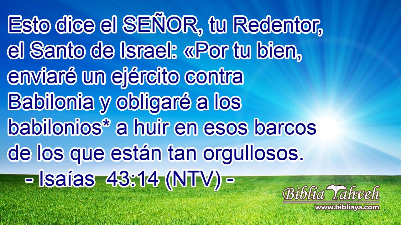 Esto dice el SEÑOR, tu Redentor, el Santo de Israel: «Por tu bien, enviaré un ejército contra Babilonia y obligaré a los babilonios* a huir en esos barcos de los que están tan orgullosos.