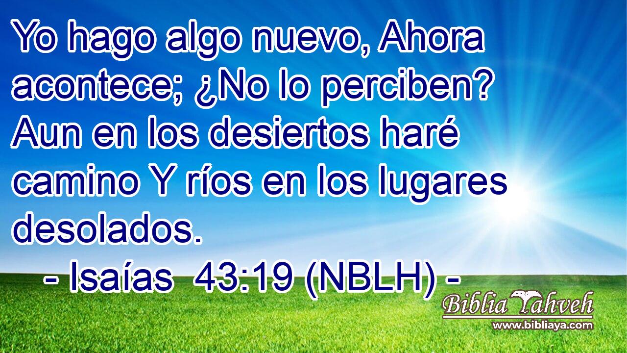  Yo hago algo nuevo, Ahora acontece; ¿No lo perciben? Aun en los desiertos haré camino Y ríos en los lugares desolados. 
