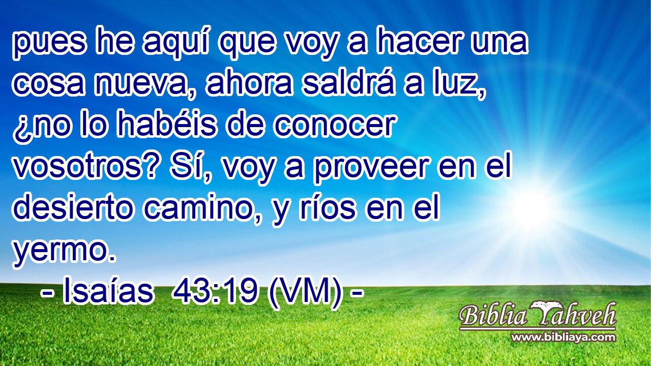  pues he aquí que voy a hacer una cosa nueva, ahora saldrá a luz, ¿no lo habéis de conocer vosotros? Sí, voy a proveer en el desierto camino, y ríos en el yermo. 
