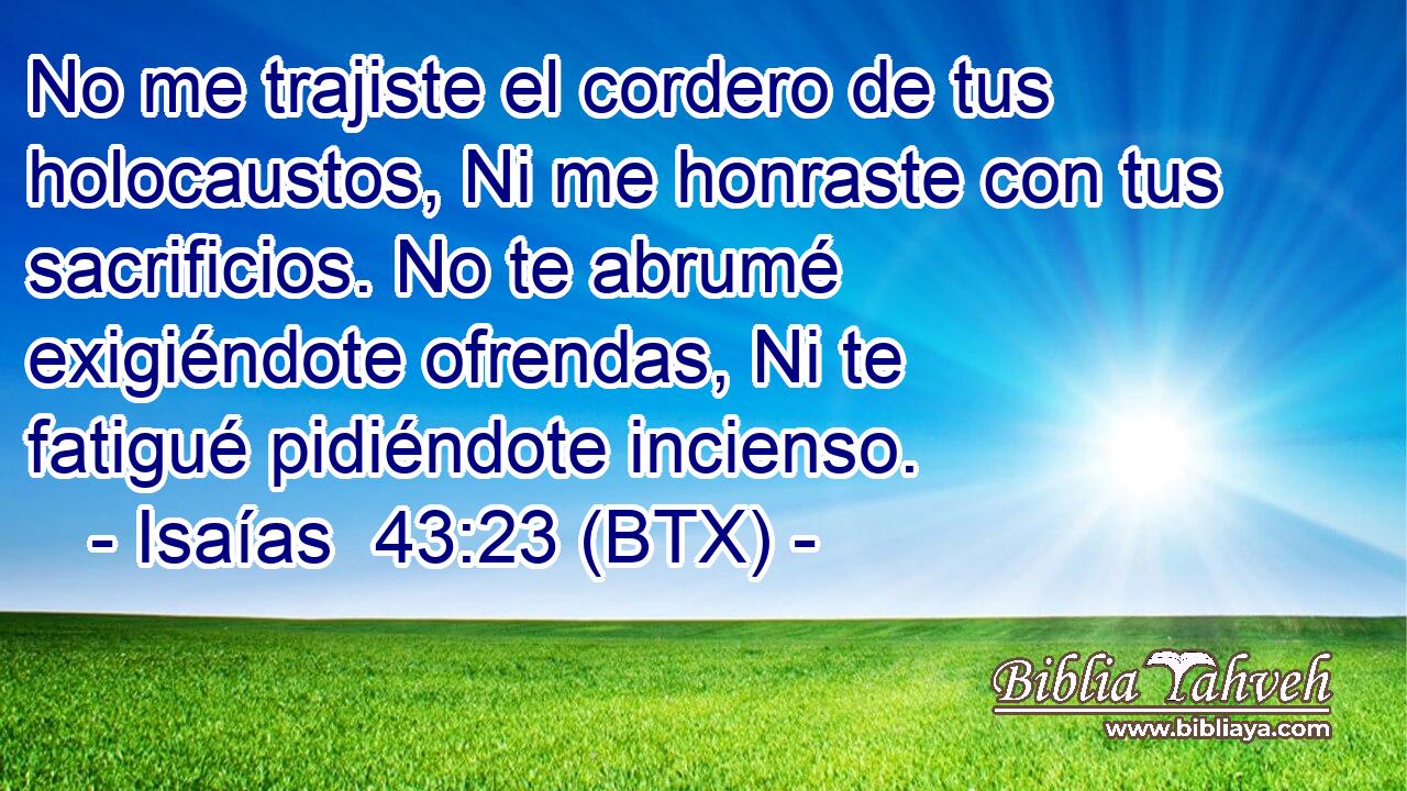 No me trajiste el cordero de tus holocaustos, Ni me honraste con tus sacrificios. No te abrumé exigiéndote ofrendas, Ni te fatigué pidiéndote incienso.