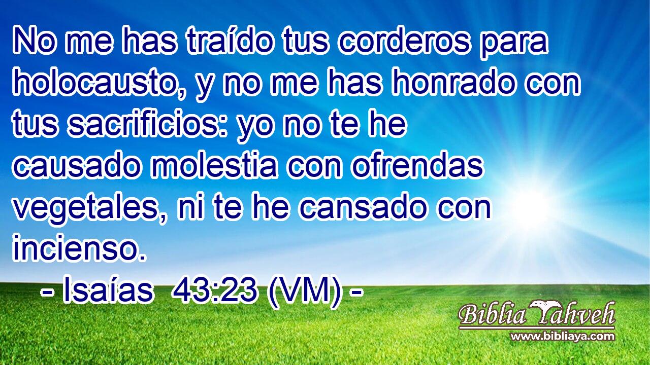  No me has traído tus corderos para holocausto, y no me has honrado con tus sacrificios: yo no te he causado molestia con ofrendas vegetales, ni te he cansado con incienso. 