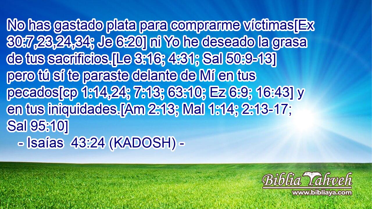  No has gastado plata para comprarme víctimas[Ex 30:7,23,24,34; Je 6:20] ni Yo he deseado la grasa de tus sacrificios.[Le 3:16; 4:31; Sal 50:9-13] pero tú sí te paraste delante de Mí en tus pecados[cp 1:14,24; 7:13; 63:10; Ez 6:9; 16:43] y en tus iniquidades.[Am 2:13; Mal 1:14; 2:13-17; Sal 95:10] 