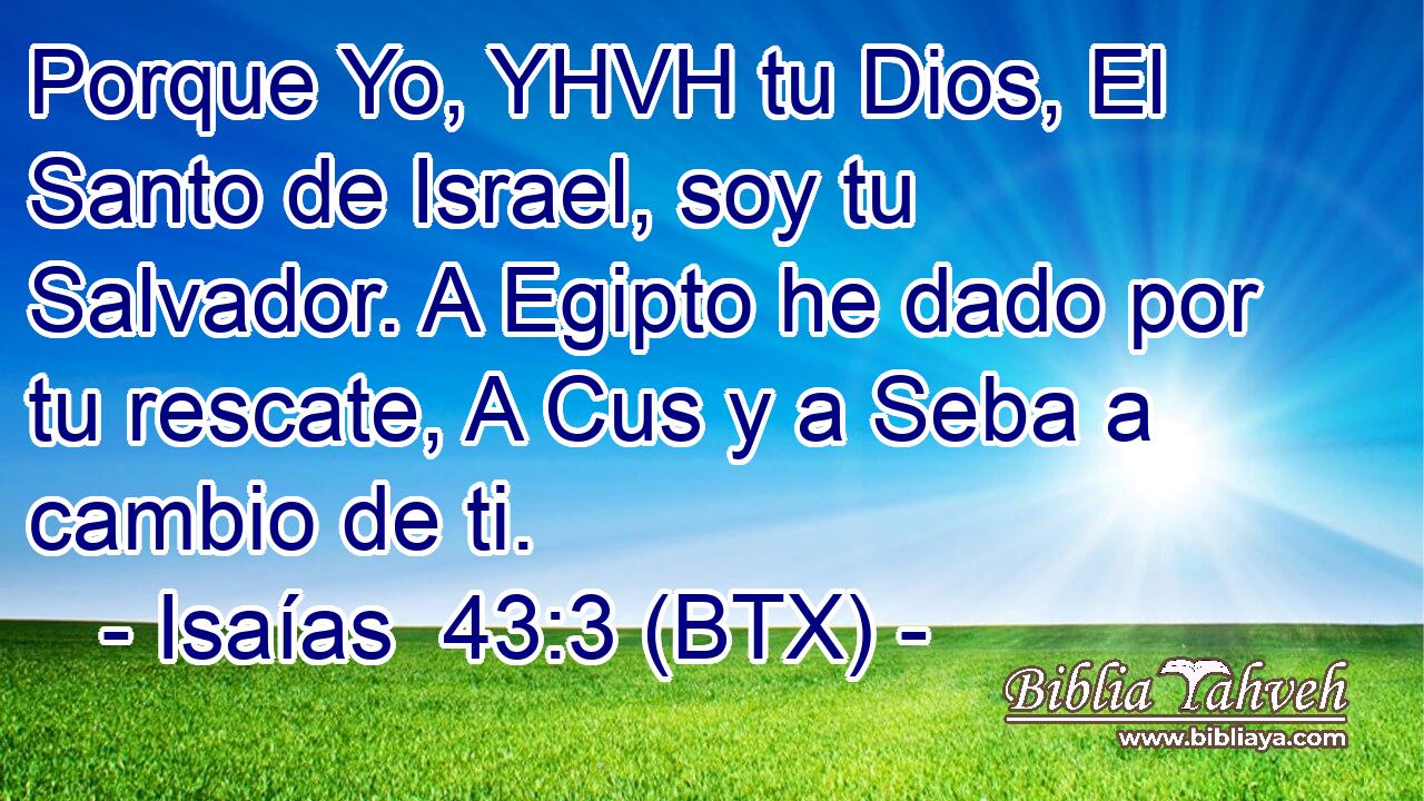 Porque Yo, YHVH tu Dios, El Santo de Israel, soy tu Salvador. A Egipto he dado por tu rescate, A Cus y a Seba a cambio de ti.