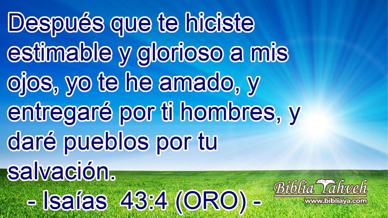  Después que te hiciste estimable y glorioso a mis ojos, yo te he amado, y entregaré por ti hombres, y daré pueblos por tu salvación. 