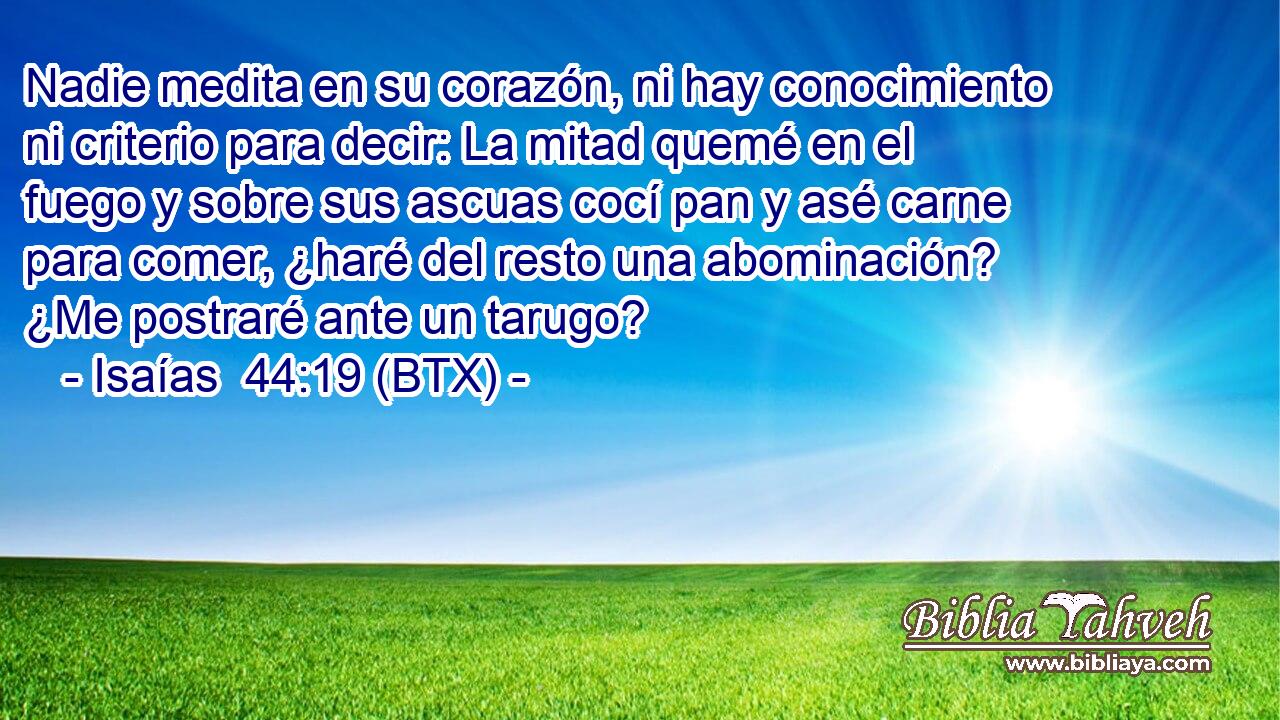 Nadie medita en su corazón, ni hay conocimiento ni criterio para decir: La mitad quemé en el fuego y sobre sus ascuas cocí pan y asé carne para comer, ¿haré del resto una abominación? ¿Me postraré ante un tarugo?