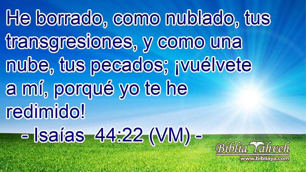  He borrado, como nublado, tus transgresiones, y como una nube, tus pecados; ¡vuélvete a mí, porqué yo te he redimido! 