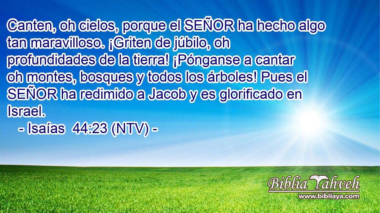 Canten, oh cielos, porque el SEÑOR ha hecho algo tan maravilloso. ¡Griten de júbilo, oh profundidades de la tierra! ¡Pónganse a cantar oh montes, bosques y todos los árboles! Pues el SEÑOR ha redimido a Jacob y es glorificado en Israel.