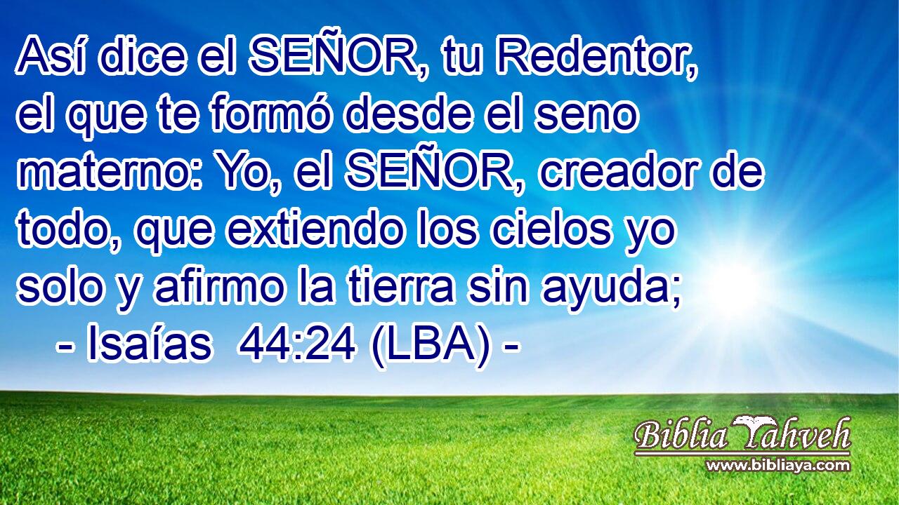 Así dice el SEÑOR, tu Redentor, el que te formó desde el seno materno: Yo, el SEÑOR, creador de todo, que extiendo los cielos yo solo y afirmo la tierra sin ayuda;