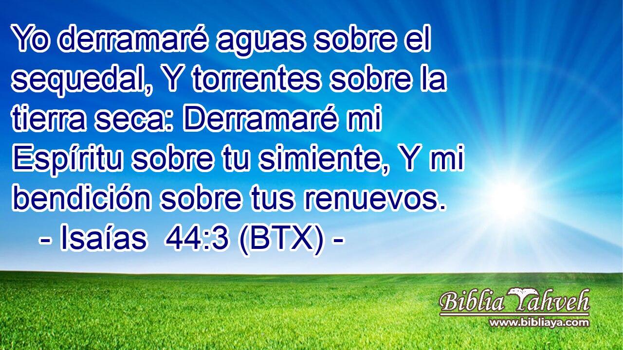 Yo derramaré aguas sobre el sequedal, Y torrentes sobre la tierra seca: Derramaré mi Espíritu sobre tu simiente, Y mi bendición sobre tus renuevos.