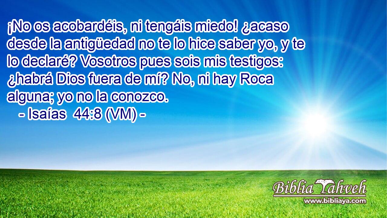  ¡No os acobardéis, ni tengáis miedo! ¿acaso desde la antigüedad no te lo hice saber yo, y te lo declaré? Vosotros pues sois mis testigos: ¿habrá Dios fuera de mí? No, ni hay Roca alguna; yo no la conozco. 