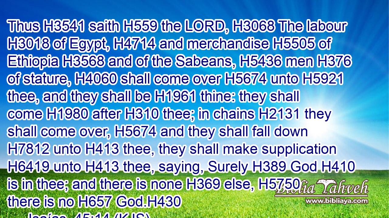 Thus H3541 saith H559 the LORD, H3068 The labour H3018 of Egypt, H4714 and merchandise H5505 of Ethiopia H3568 and of the Sabeans, H5436 men H376 of stature, H4060 shall come over H5674 unto H5921 thee, and they shall be H1961 thine: they shall come H1980 after H310 thee; in chains H2131 they shall come over, H5674 and they shall fall down H7812 unto H413 thee, they shall make supplication H6419 unto H413 thee, saying, Surely H389 God H410 is in thee; and there is none H369 else, H5750 there is no H657 God.H430