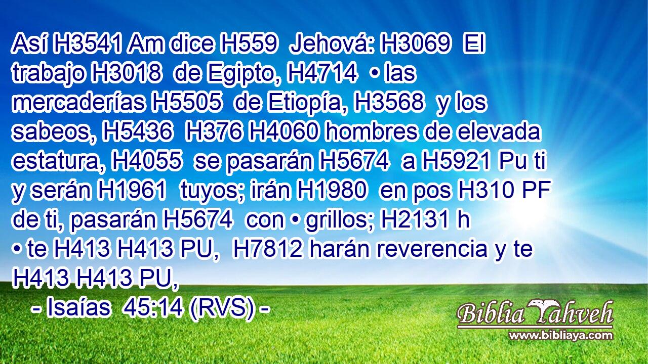 Así H3541 Am dice H559  Jehová: H3069  El trabajo H3018  de Egipto, H4714  • las mercaderías H5505  de Etiopía, H3568  y los sabeos, H5436  H376 H4060 hombres de elevada estatura, H4055  se pasarán H5674  a H5921 Pu ti y serán H1961  tuyos; irán H1980  en pos H310 PF de ti, pasarán H5674  con • grillos; H2131 h • te H413 H413 PU,  H7812 harán reverencia y te H413 H413 PU, 