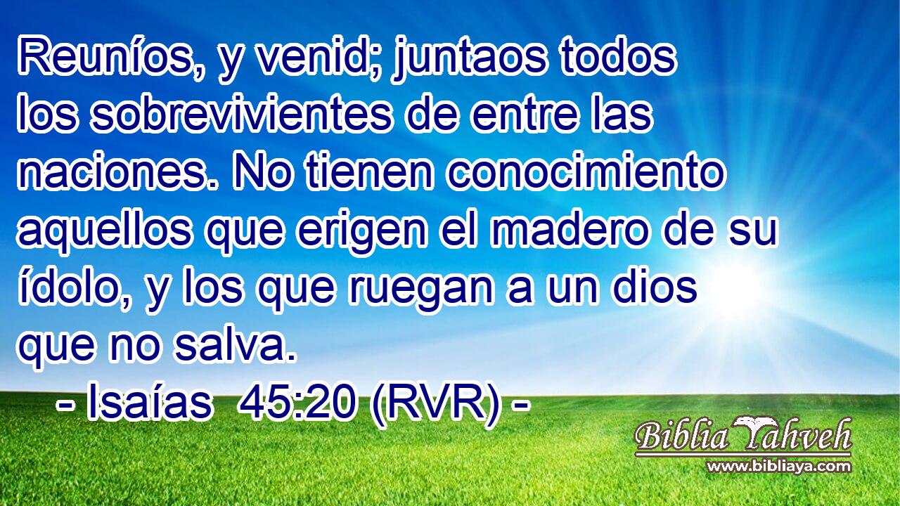 Reuníos, y venid; juntaos todos los sobrevivientes de entre las naciones. No tienen conocimiento aquellos que erigen el madero de su ídolo, y los que ruegan a un dios que no salva.