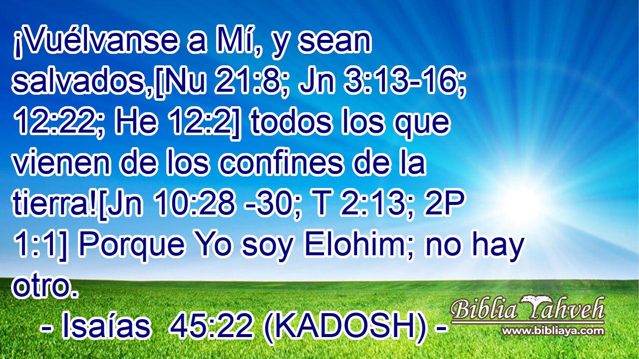  ¡Vuélvanse a Mí, y sean salvados,[Nu 21:8; Jn 3:13-16; 12:22; He 12:2] todos los que vienen de los confines de la tierra![Jn 10:28 -30; T 2:13; 2P 1:1] Porque Yo soy Elohim; no hay otro. 