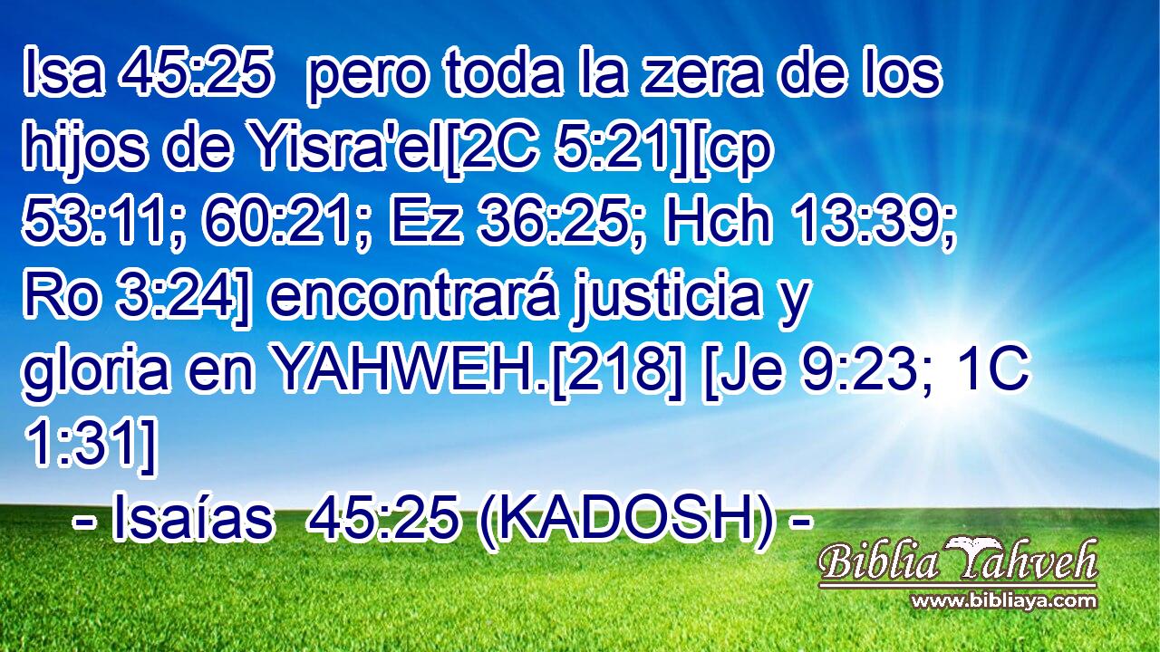  pero toda la zera de los hijos de Yisra'el[2C 5:21][cp 53:11; 60:21; Ez 36:25; Hch 13:39; Ro 3:24] encontrará justicia y gloria en YAHWEH.[218] [Je 9:23; 1C 1:31] 
