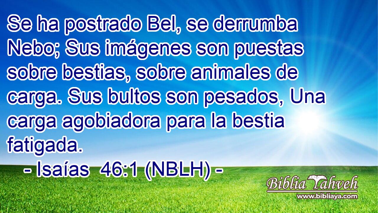  Se ha postrado Bel, se derrumba Nebo; Sus imágenes son puestas sobre bestias, sobre animales de carga. Sus bultos son pesados, Una carga agobiadora para la bestia fatigada. 