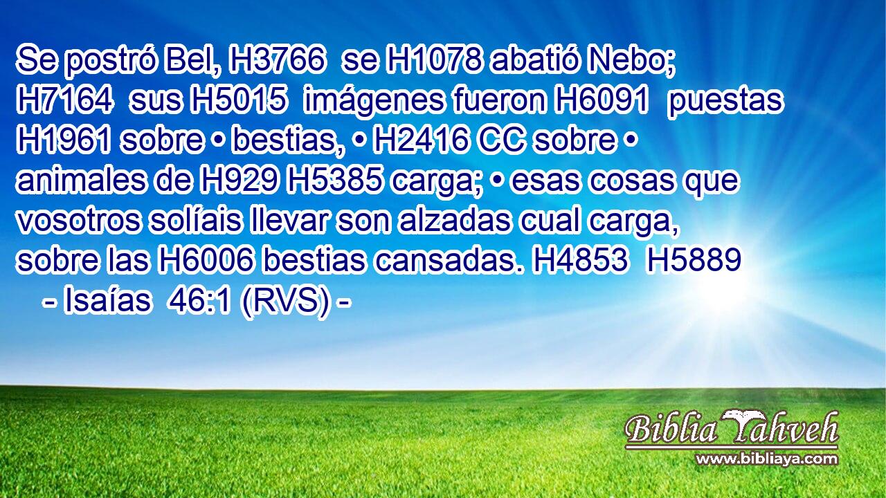 Se postró Bel, H3766  se H1078 abatió Nebo; H7164  sus H5015  imágenes fueron H6091  puestas H1961 sobre • bestias, • H2416 CC sobre • animales de H929 H5385 carga; • esas cosas que vosotros solíais llevar son alzadas cual carga, sobre las H6006 bestias cansadas. H4853  H5889 