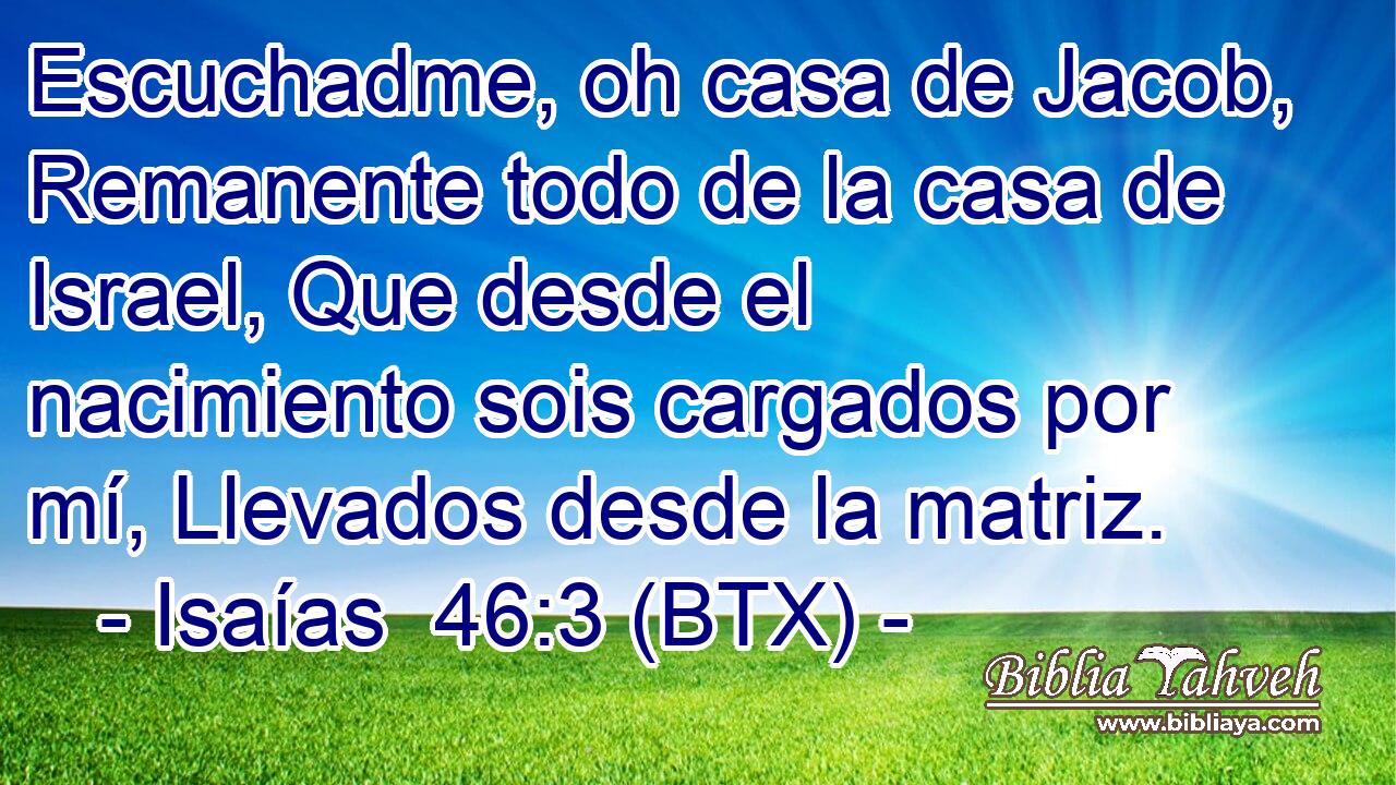 Escuchadme, oh casa de Jacob, Remanente todo de la casa de Israel, Que desde el nacimiento sois cargados por mí, Llevados desde la matriz.