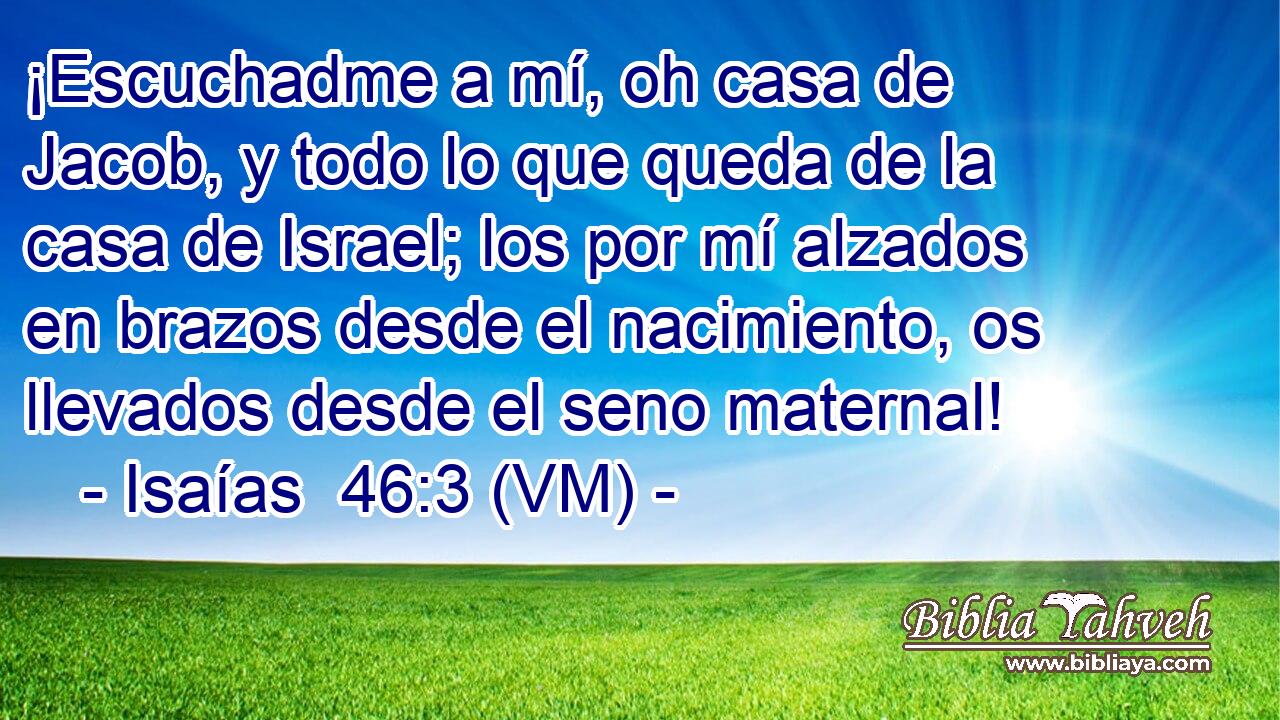  ¡Escuchadme a mí, oh casa de Jacob, y todo lo que queda de la casa de Israel; los por mí alzados en brazos desde el nacimiento, os llevados desde el seno maternal! 