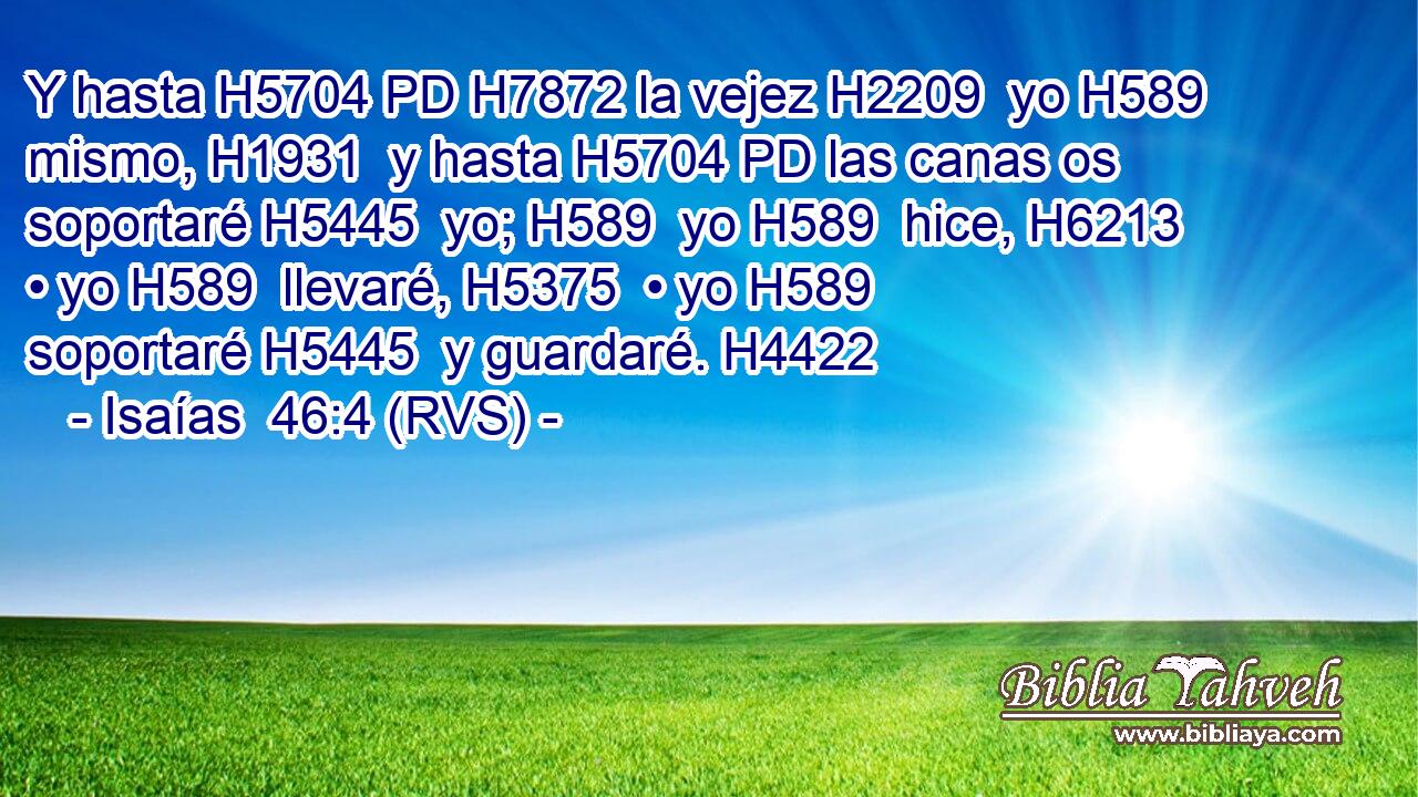 Y hasta H5704 PD H7872 la vejez H2209  yo H589  mismo, H1931  y hasta H5704 PD las canas os soportaré H5445  yo; H589  yo H589  hice, H6213  • yo H589  llevaré, H5375  • yo H589  soportaré H5445  y guardaré. H4422  