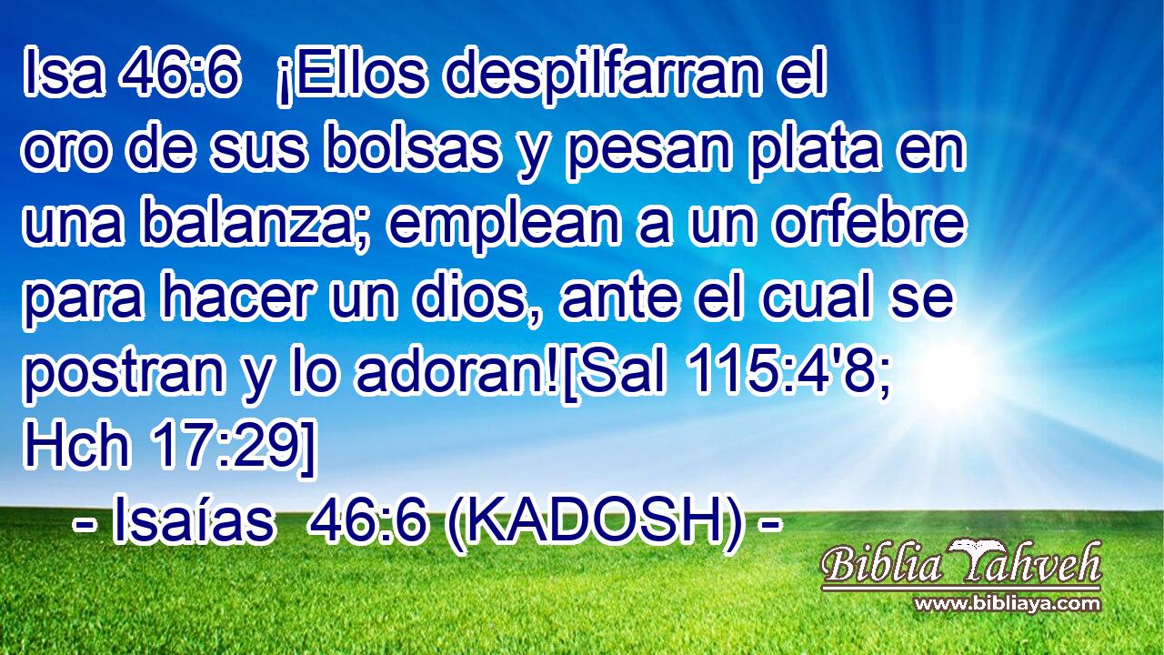  ¡Ellos despilfarran el oro de sus bolsas y pesan plata en una balanza; emplean a un orfebre para hacer un dios, ante el cual se postran y lo adoran![Sal 115:4'8; Hch 17:29] 