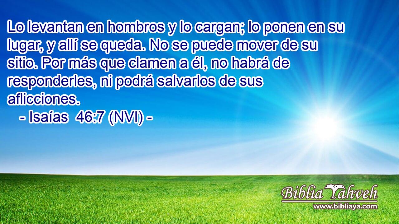 Lo levantan en hombros y lo cargan; lo ponen en su lugar, y allí se queda. No se puede mover de su sitio. Por más que clamen a él, no habrá de responderles, ni podrá salvarlos de sus aflicciones. 