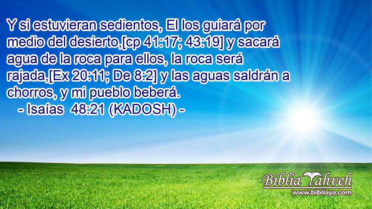  Y si estuvieran sedientos, El los guiará por medio del desierto,[cp 41:17; 43:19] y sacará agua de la roca para ellos, la roca será rajada,[Ex 20:11; De 8:2] y las aguas saldrán a chorros, y mi pueblo beberá. 