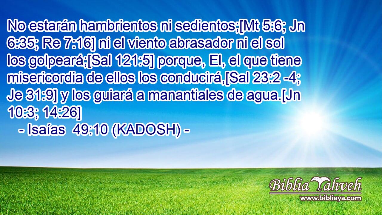  No estarán hambrientos ni sedientos;[Mt 5:6; Jn 6:35; Re 7:16] ni el viento abrasador ni el sol los golpeará;[Sal 121:5] porque, El, el que tiene misericordia de ellos los conducirá,[Sal 23:2 -4; Je 31:9] y los guiará a manantiales de agua.[Jn 10:3; 14:26] 