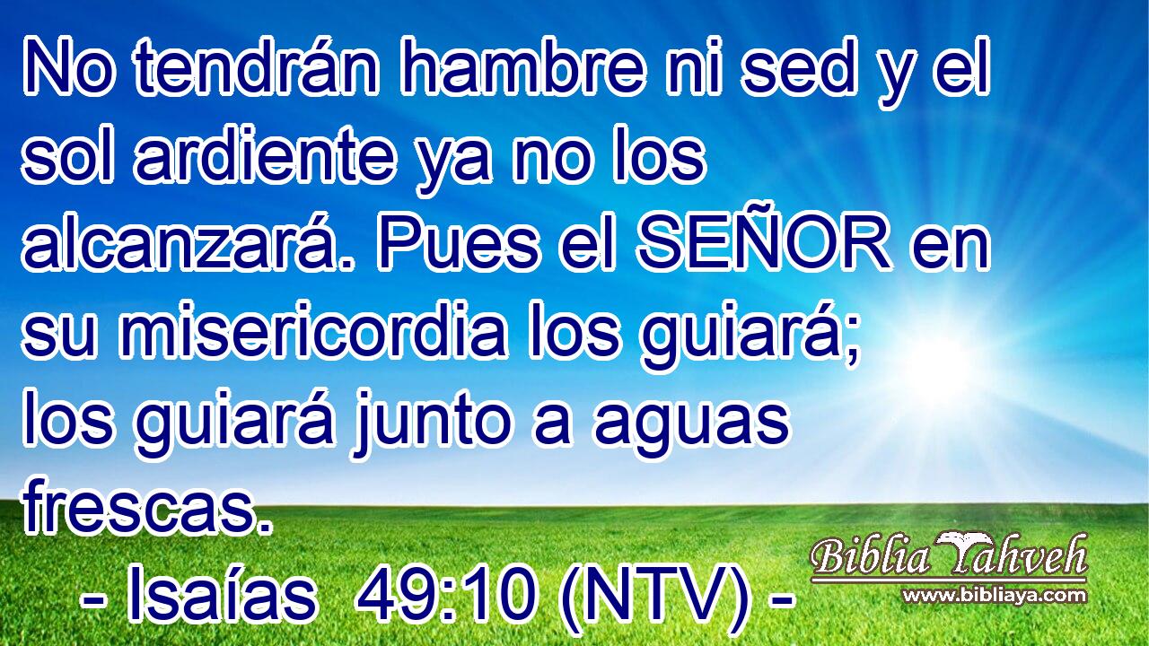 No tendrán hambre ni sed y el sol ardiente ya no los alcanzará. Pues el SEÑOR en su misericordia los guiará; los guiará junto a aguas frescas.