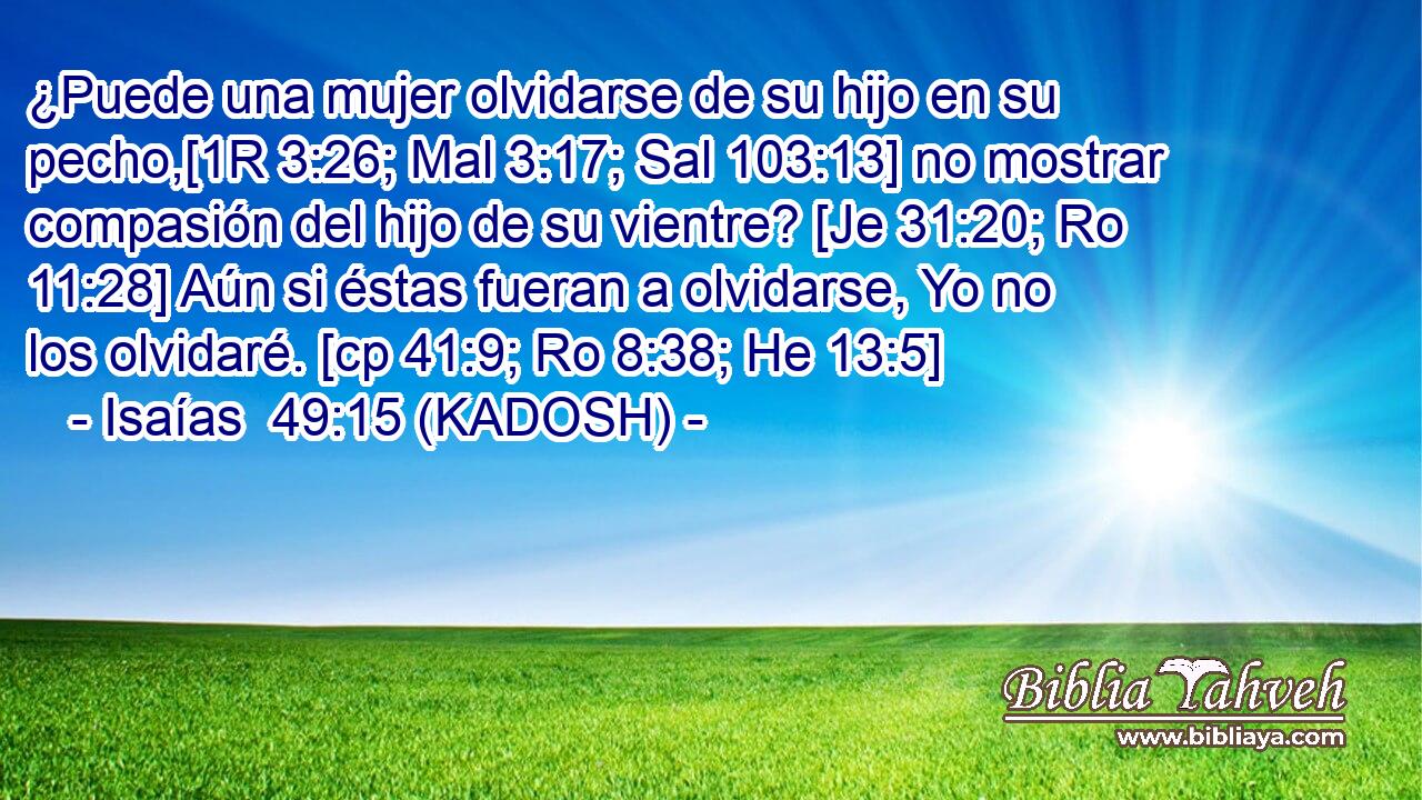  ¿Puede una mujer olvidarse de su hijo en su pecho,[1R 3:26; Mal 3:17; Sal 103:13] no mostrar compasión del hijo de su vientre? [Je 31:20; Ro 11:28] Aún si éstas fueran a olvidarse, Yo no los olvidaré. [cp 41:9; Ro 8:38; He 13:5] 