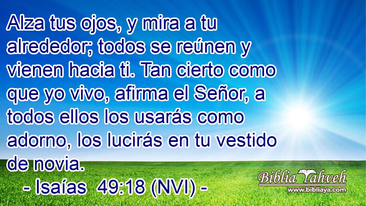  Alza tus ojos, y mira a tu alrededor; todos se reúnen y vienen hacia ti. Tan cierto como que yo vivo, afirma el Señor, a todos ellos los usarás como adorno, los lucirás en tu vestido de novia. 
