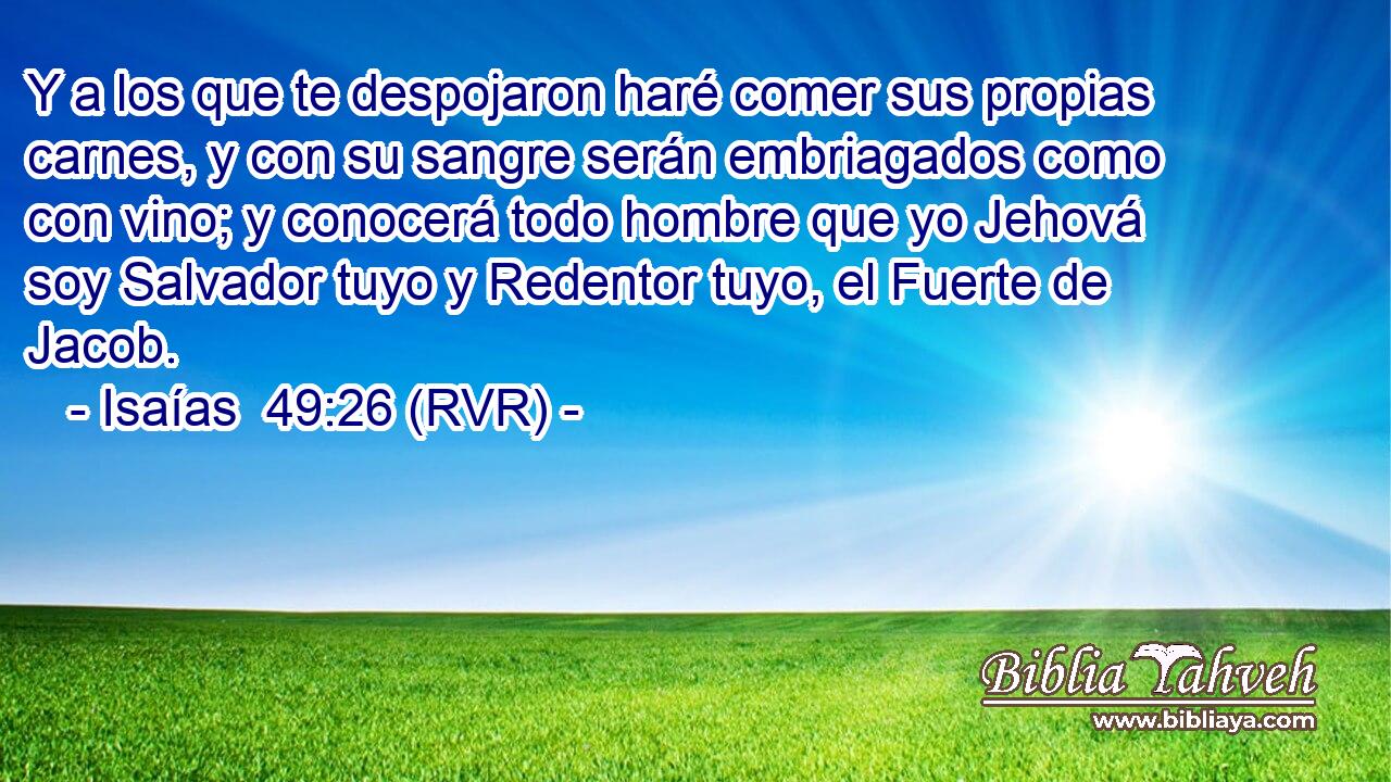Y a los que te despojaron haré comer sus propias carnes, y con su sangre serán embriagados como con vino; y conocerá todo hombre que yo Jehová soy Salvador tuyo y Redentor tuyo, el Fuerte de Jacob.