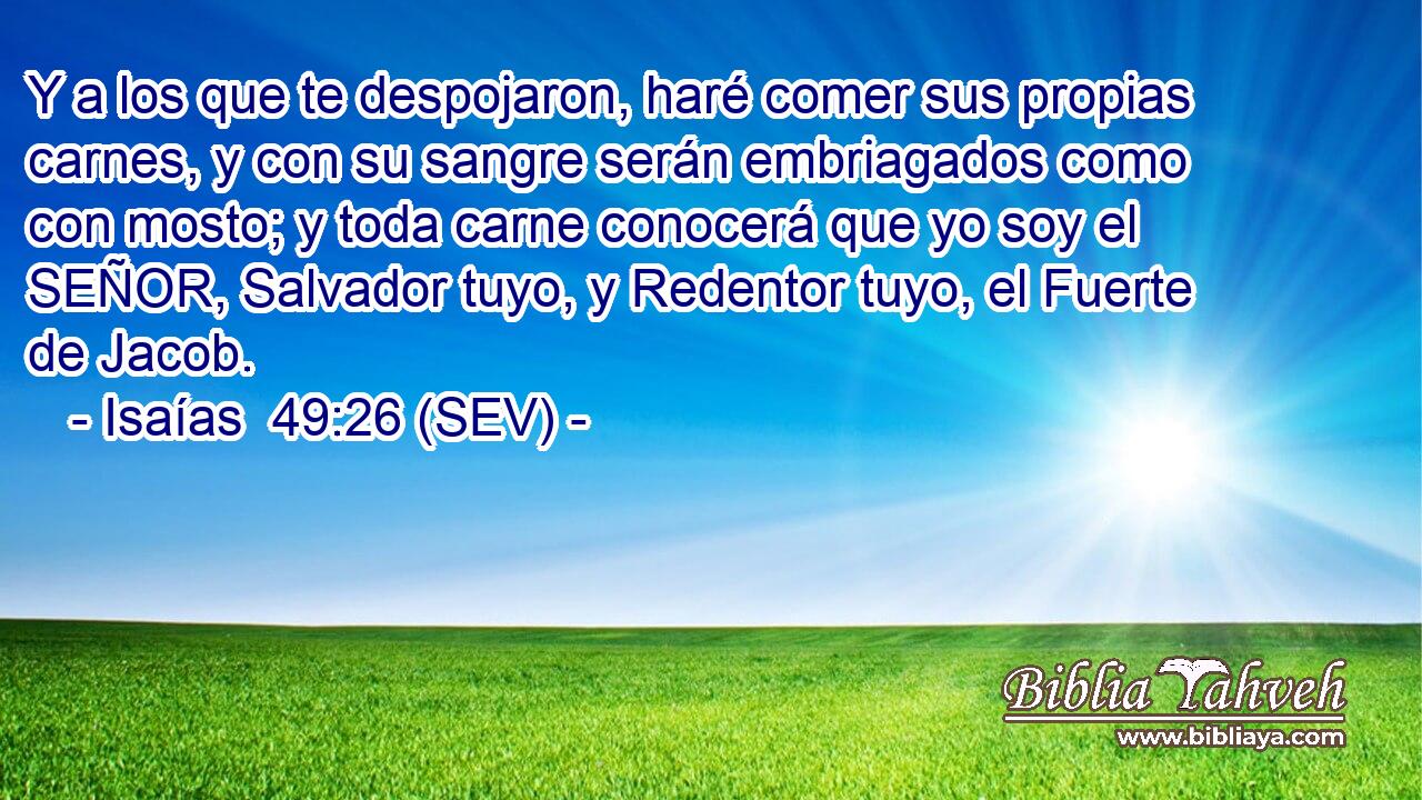 Y a los que te despojaron, haré comer sus propias carnes, y con su sangre serán embriagados como con mosto; y toda carne conocerá que yo soy el SEÑOR, Salvador tuyo, y Redentor tuyo, el Fuerte de Jacob.