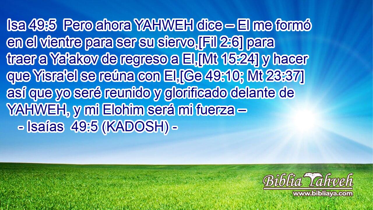  Pero ahora YAHWEH dice – El me formó en el vientre para ser su siervo,[Fil 2:6] para traer a Ya'akov de regreso a El,[Mt 15:24] y hacer que Yisra'el se reúna con El,[Ge 49:10; Mt 23:37] así que yo seré reunido y glorificado delante de YAHWEH, y mi Elohim será mi fuerza – 