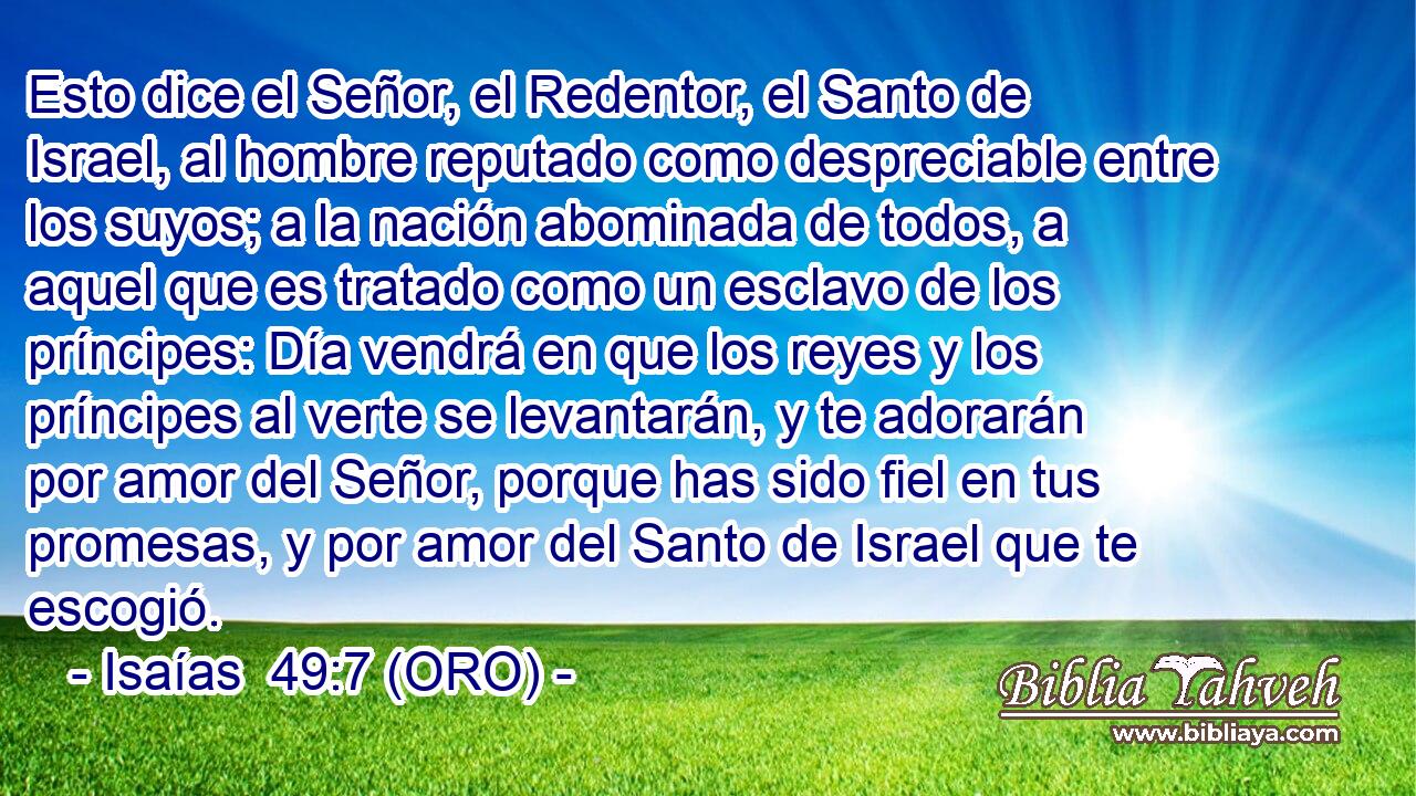 Esto dice el Señor, el Redentor, el Santo de Israel, al hombre reputado como despreciable entre los suyos; a la nación abominada de todos, a aquel que es tratado como un esclavo de los príncipes: Día vendrá en que los reyes y los príncipes al verte se levantarán, y te adorarán por amor del Señor, porque has sido fiel en tus promesas, y por amor del Santo de Israel que te escogió. 