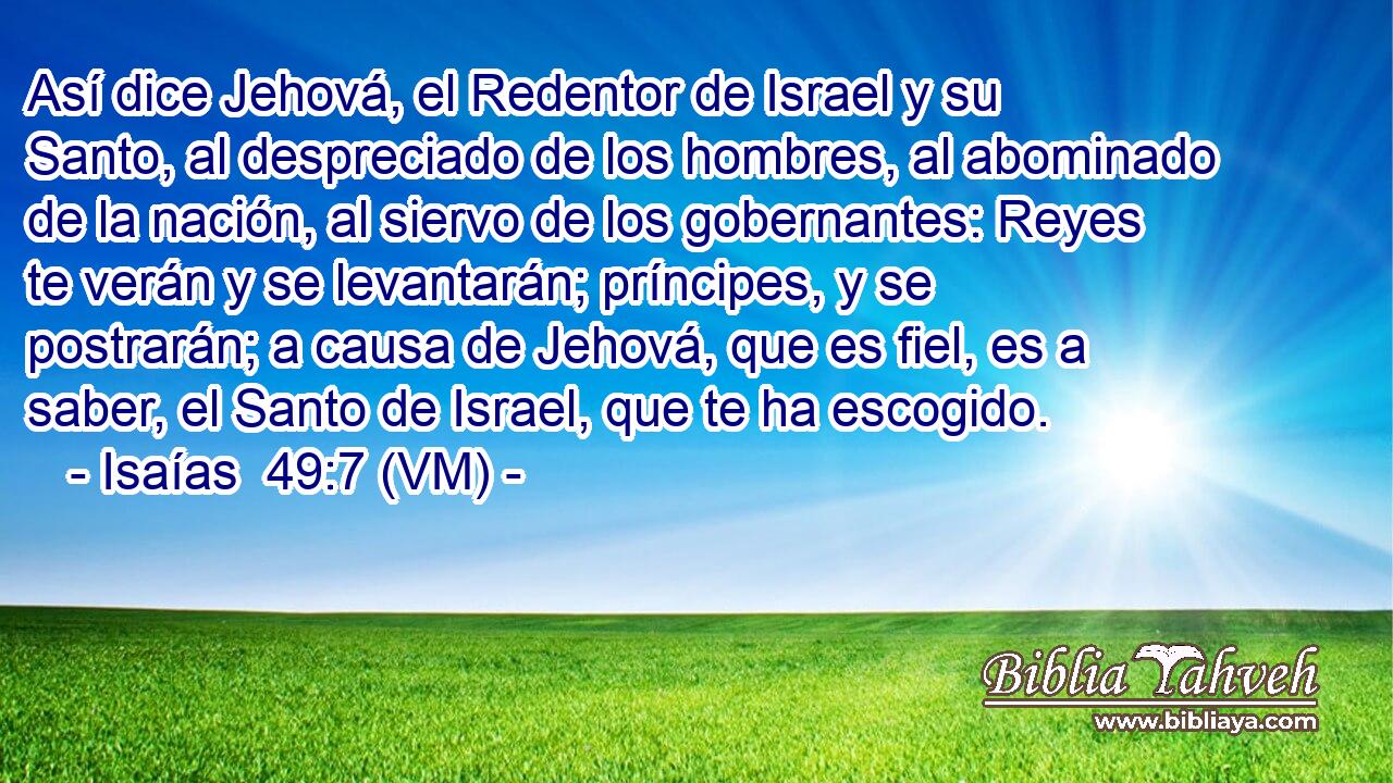  Así dice Jehová, el Redentor de Israel y su Santo, al despreciado de los hombres, al abominado de la nación, al siervo de los gobernantes: Reyes te verán y se levantarán; príncipes, y se postrarán; a causa de Jehová, que es fiel, es a saber, el Santo de Israel, que te ha escogido. 