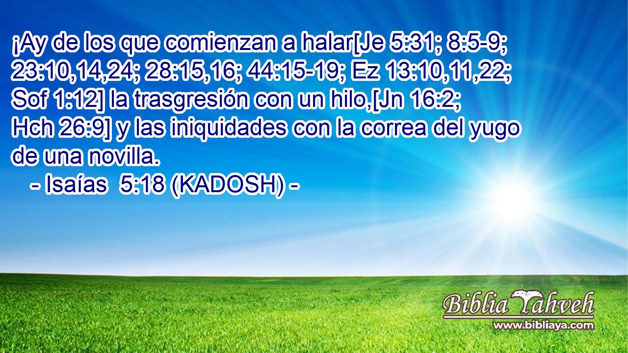  ¡Ay de los que comienzan a halar[Je 5:31; 8:5-9; 23:10,14,24; 28:15,16; 44:15-19; Ez 13:10,11,22; Sof 1:12] la trasgresión con un hilo,[Jn 16:2; Hch 26:9] y las iniquidades con la correa del yugo de una novilla. 