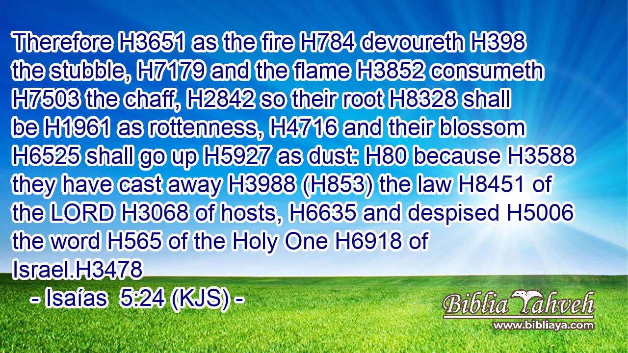 Therefore H3651 as the fire H784 devoureth H398 the stubble, H7179 and the flame H3852 consumeth H7503 the chaff, H2842 so their root H8328 shall be H1961 as rottenness, H4716 and their blossom H6525 shall go up H5927 as dust: H80 because H3588 they have cast away H3988 (H853) the law H8451 of the LORD H3068 of hosts, H6635 and despised H5006 the word H565 of the Holy One H6918 of Israel.H3478