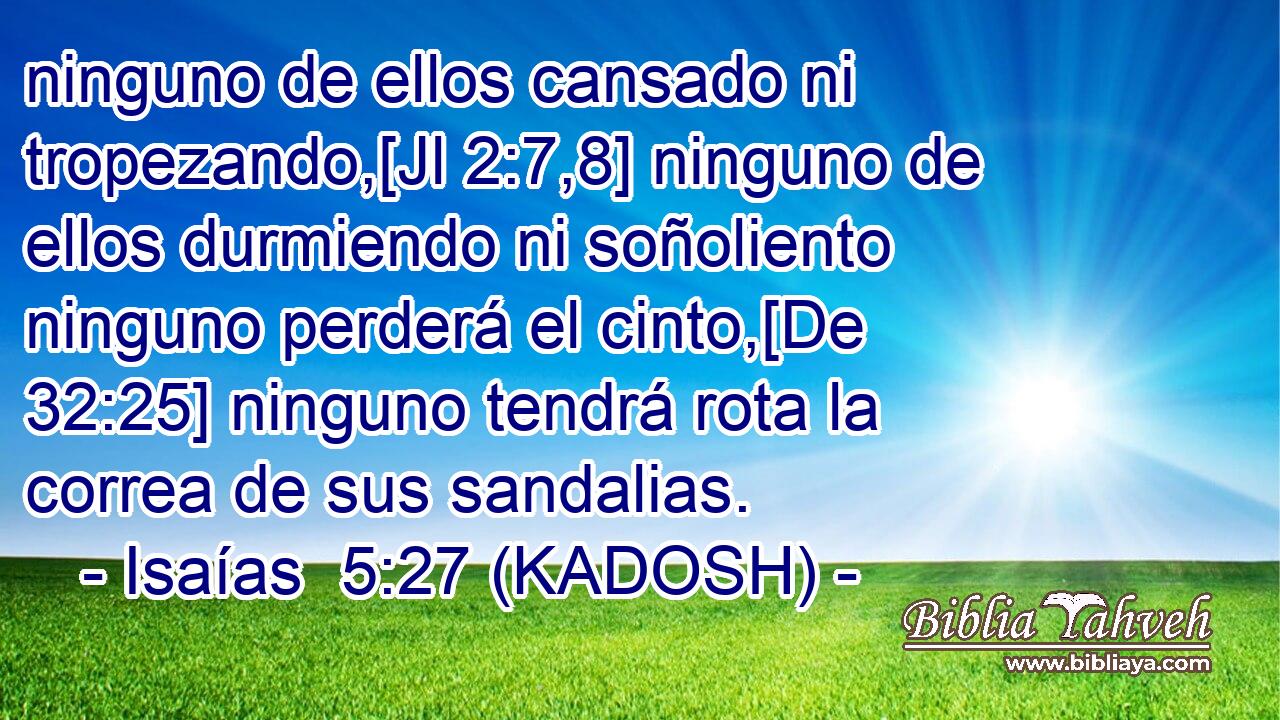  ninguno de ellos cansado ni tropezando,[Jl 2:7,8] ninguno de ellos durmiendo ni soñoliento ninguno perderá el cinto,[De 32:25] ninguno tendrá rota la correa de sus sandalias. 