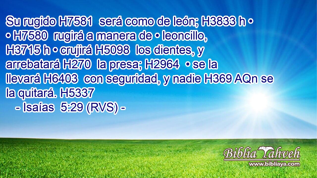 Su rugido H7581  será como de león; H3833 h • • H7580  rugirá a manera de • leoncillo, H3715 h • crujirá H5098  los dientes, y arrebatará H270  la presa; H2964  • se la llevará H6403  con seguridad, y nadie H369 AQn se la quitará. H5337  