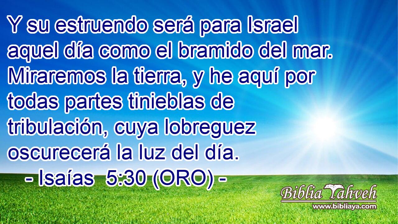  Y su estruendo será para Israel aquel día como el bramido del mar. Miraremos la tierra, y he aquí por todas partes tinieblas de tribulación, cuya lobreguez oscurecerá la luz del día. 