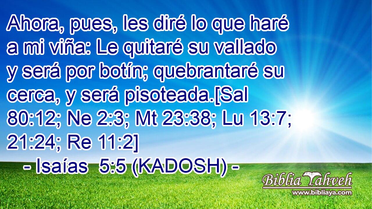  Ahora, pues, les diré lo que haré a mi viña: Le quitaré su vallado y será por botín; quebrantaré su cerca, y será pisoteada.[Sal 80:12; Ne 2:3; Mt 23:38; Lu 13:7; 21:24; Re 11:2] 