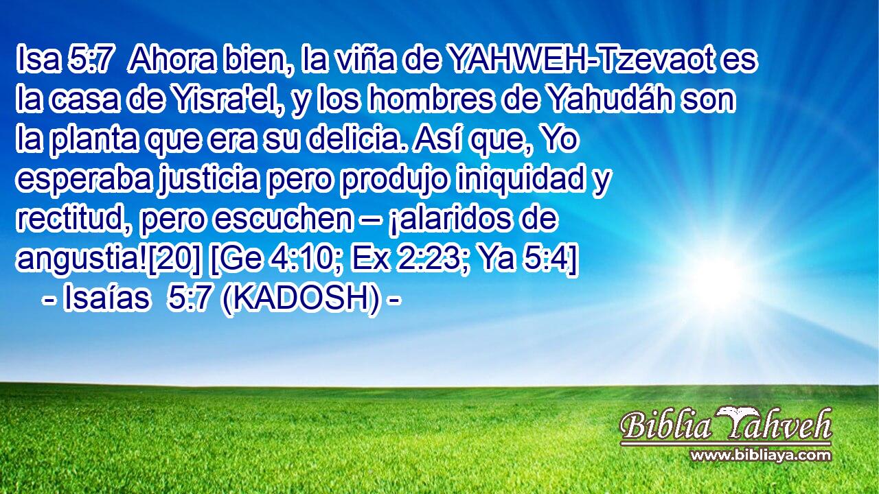  Ahora bien, la viña de YAHWEH-Tzevaot es la casa de Yisra'el, y los hombres de Yahudáh son la planta que era su delicia. Así que, Yo esperaba justicia pero produjo iniquidad y rectitud, pero escuchen – ¡alaridos de angustia![20] [Ge 4:10; Ex 2:23; Ya 5:4] 