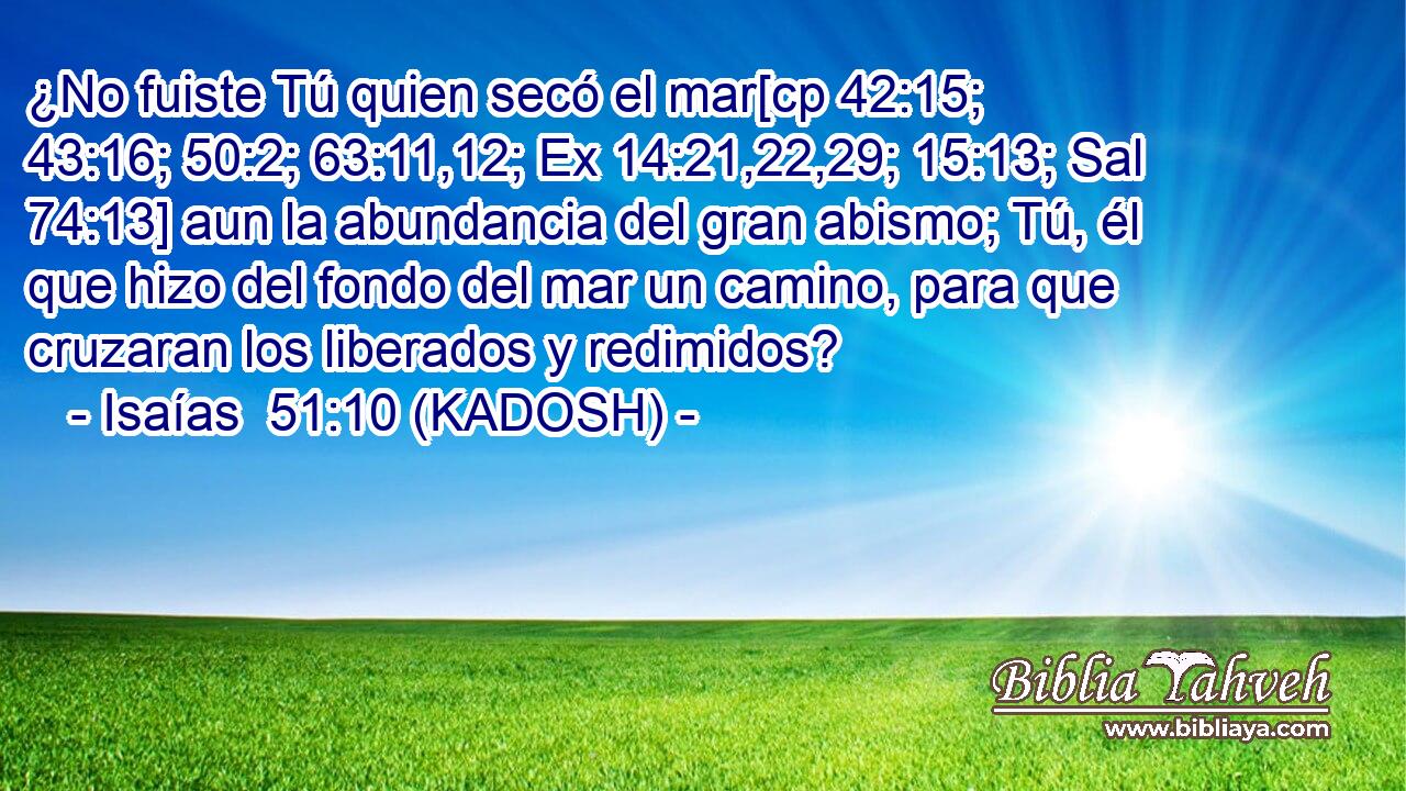  ¿No fuiste Tú quien secó el mar[cp 42:15; 43:16; 50:2; 63:11,12; Ex 14:21,22,29; 15:13; Sal 74:13] aun la abundancia del gran abismo; Tú, él que hizo del fondo del mar un camino, para que cruzaran los liberados y redimidos? 