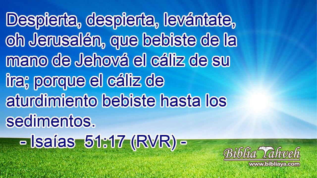Despierta, despierta, levántate, oh Jerusalén, que bebiste de la mano de Jehová el cáliz de su ira; porque el cáliz de aturdimiento bebiste hasta los sedimentos.